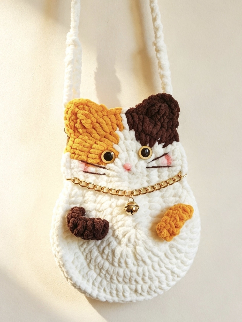 Handmade White & Multicolor Cat Crossbody Bag with Bell